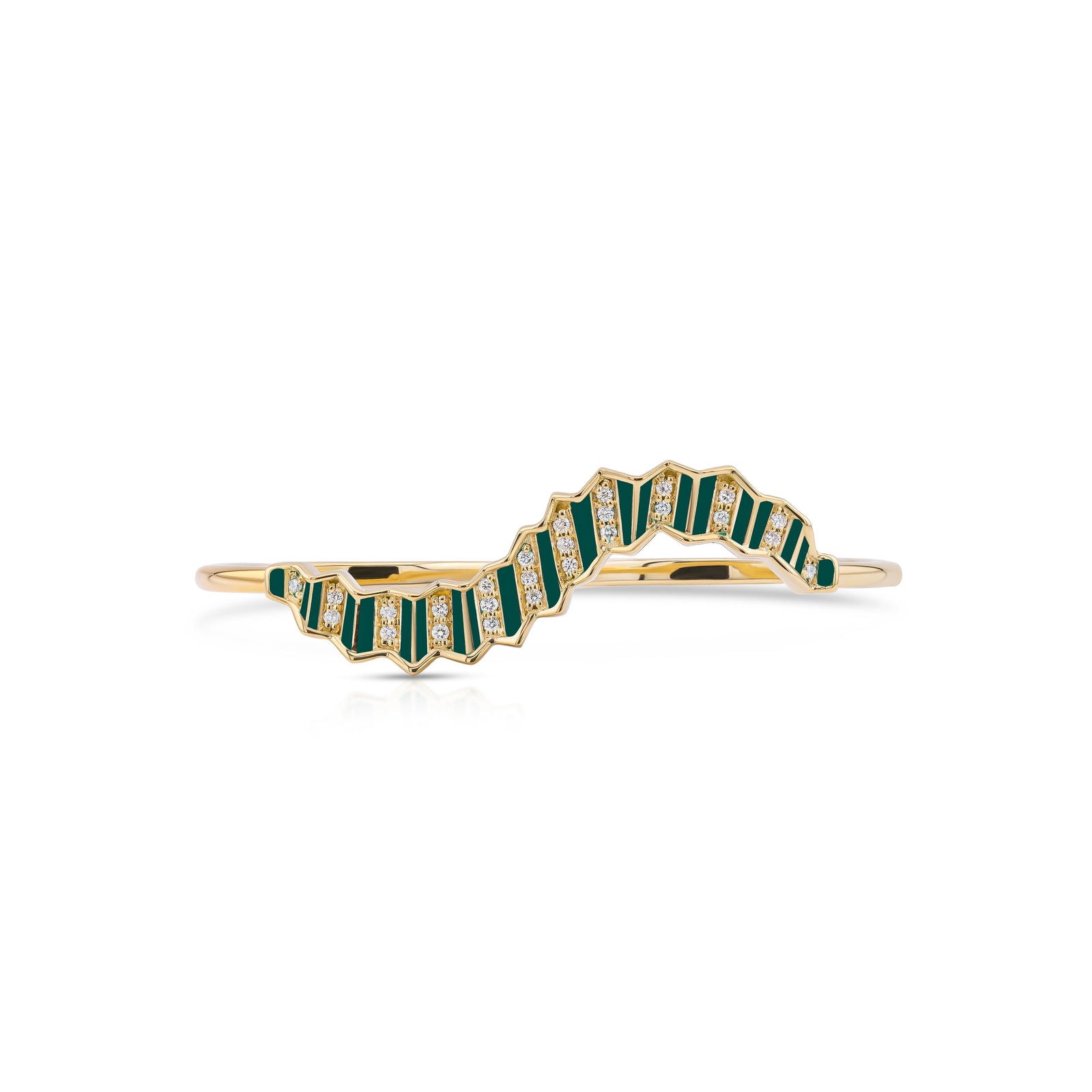 Pleated Ola Two Finger Gold Ring (Green Enamel)