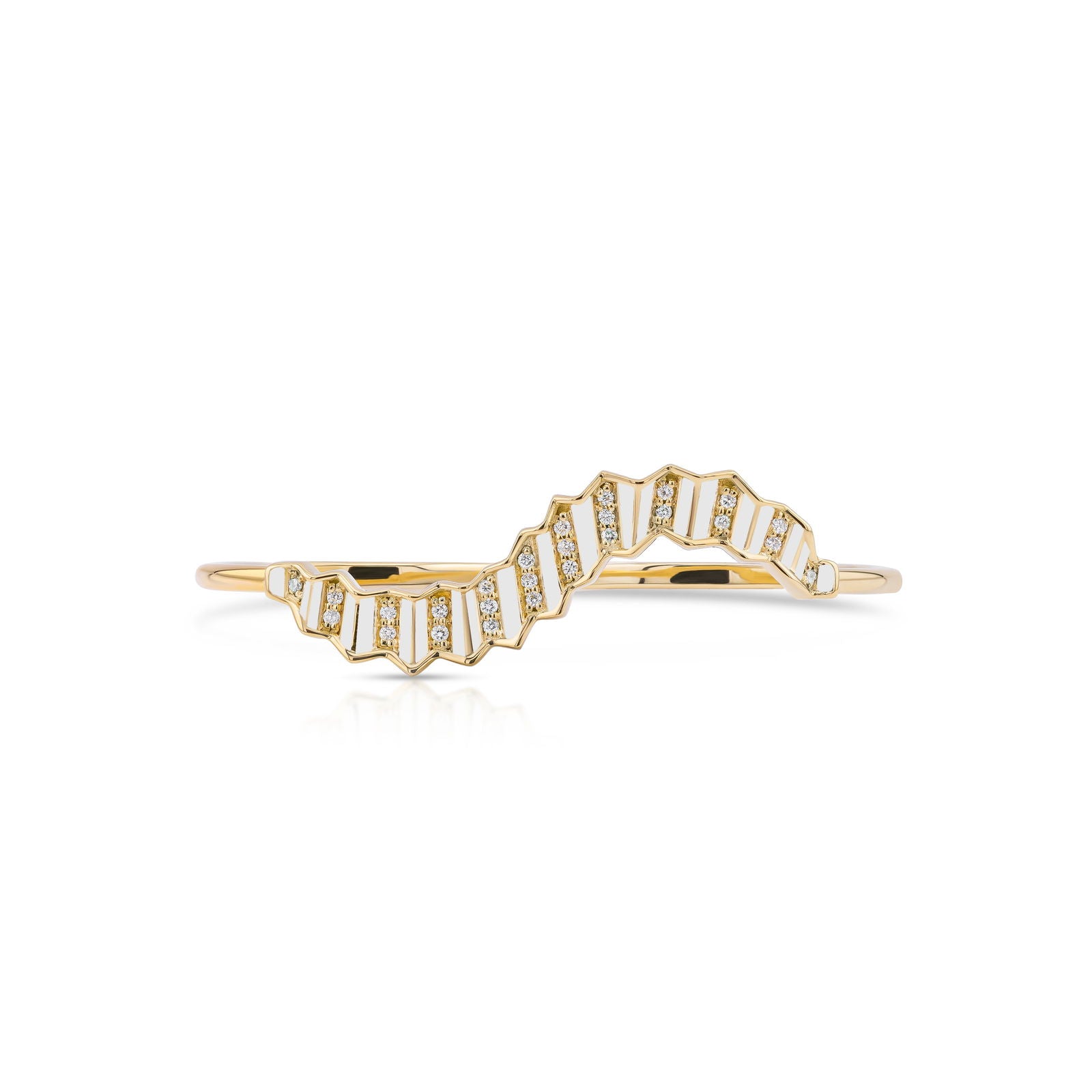 Pleated Ola Two Finger Gold Ring (White Enamel)
