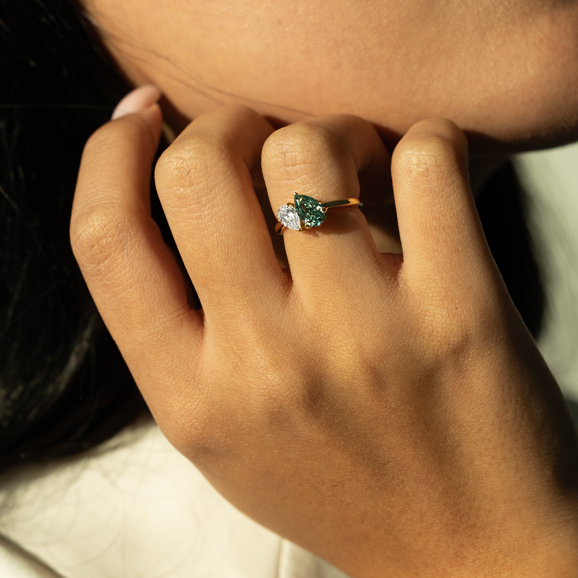 Fancy Vivid Bluish Green Toi et Moi Diamond Ring